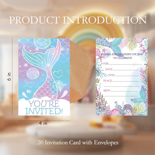 Watercolor Mermaid Birthday Invitations Girl Party Invites with Envelopes - color: Pink Mermaids