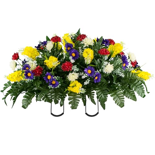 Sympathy Silks Artificial Cemetery Flowers – Realistic Wildflower Outdoor Grave Decorations - Yellow Red Wildflower Saddle for Headstone - color: Yellow Red, size: Saddle