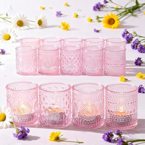 LETINE Set of 16 Pink Votive Candle Holders, Glass Tea Light Candle Holder with 4 Retro & Floral Patterns, Decorative Candle Holders for Parties, Wedding Table Centerpieces & Home Decor - color: Pink
