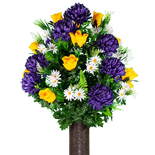Artificial Cemetery Flowers – Realistic Vibrant Roses, Outdoor Grave Decorations - Non-Bleed Colors, and Easy Fit - 1 Purple Mum and Yellow Rose Bouquet - color: Purple/Yellow, size: 1 Bouquet
