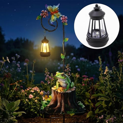 Solar Frog Lantern Garden Stake 31.5in Metal Night Light Outdoor Art - color: Frog