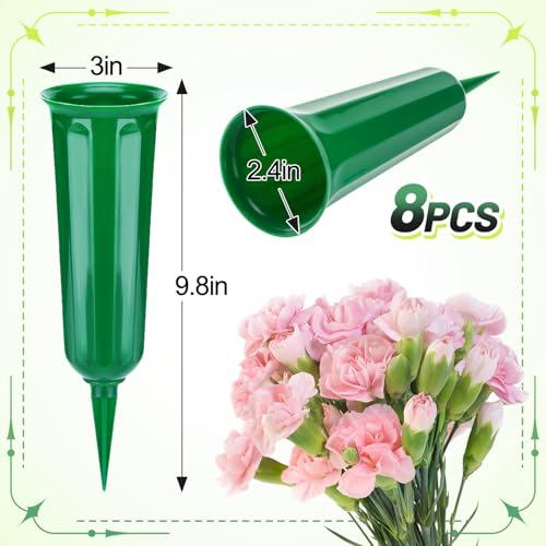 8 Pcs Cemetery Vases for Grave - Plastic Flower Holders with Spikes, Cone Vase for Memorial Day Grave Accessories Cemetery Decorations (Green)