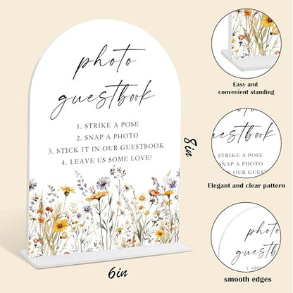 Wedding Signs for Ceremony and Reception, Boho Floral Acrylic Photo Guestbook Sign, Wedding Signage with Stand, Bridal Shower Table Centerpieces, Supplies for Engagement Reception Event Party, 28 - color: Photo Guestbook Sign, 28