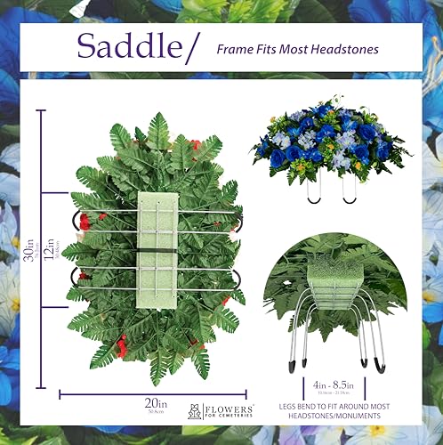 Sympathy Silks 30" Headstone Flower Saddle Artificial Cemetery Flowers - Gravesite Flowers - Blue Roses and Hydrangeas - size: Saddle