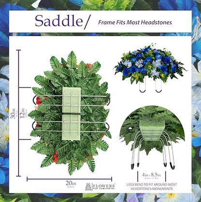 Sympathy Silks 30" Headstone Flower Saddle Artificial Cemetery Flowers - Gravesite Flowers - Blue Roses and Hydrangeas - size: Saddle