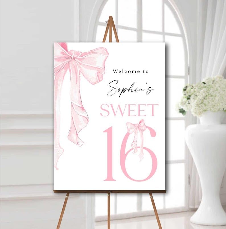 Personalized Sweet 16 Welcome Sign, Custom Pink Bow and Ribbon 16th Birthday Poster, Sweet Sixteen Party Entrance Board, Editable and Printable Template, Pink Birthday Party Decorations, Birthday Party Decor, Sweet 16 Party Welcome Sign
