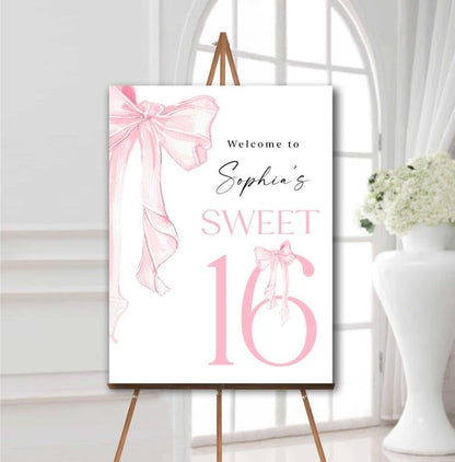 Personalized Sweet 16 Welcome Sign, Custom Pink Bow and Ribbon 16th Birthday Poster, Sweet Sixteen Party Entrance Board, Editable and Printable Template, Pink Birthday Party Decorations, Birthday Party Decor, Sweet 16 Party Welcome Sign