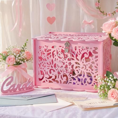 Pink Wedding Card Box with Lock, PVC Gift Card Box for Wedding Party | Elegant Wedding Decorations for Reception, Easy Assembly, Reusable Honeymoon Fund Box, Money Gift Box for Bridal Baby Shower - color: Pink