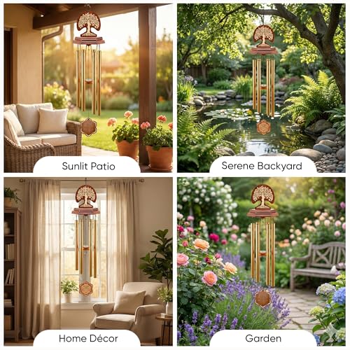Wind Chimes for Outside Clearance, Gold Hexagon Pendant, Deep Tone 6 Aluminum Tubes & Pine Wood, Sympathy Gift for Loss of a Loved one, Letter from Heaven, Keychain, Acrylic Heart Plaque - color: Gold - Tree of Life