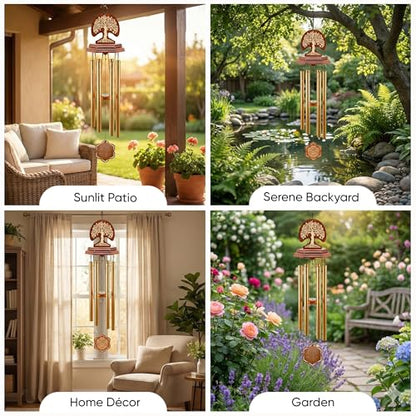 Wind Chimes for Outside Clearance, Gold Hexagon Pendant, Deep Tone 6 Aluminum Tubes & Pine Wood, Sympathy Gift for Loss of a Loved one, Letter from Heaven, Keychain, Acrylic Heart Plaque - color: Gold - Tree of Life