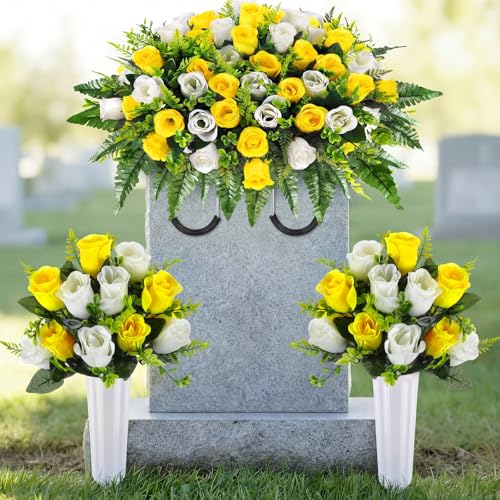 Janinka 3 Pcs Artificial Cemetery Flowers for Grave Set 19.7"x13.8" 1 Headstone Flower Saddle 2 Cemetery Flower with Vase Tombstone Rose Bouquet for Outdoor Gravesite Decor(Yellow, White) - color: Yellow, White