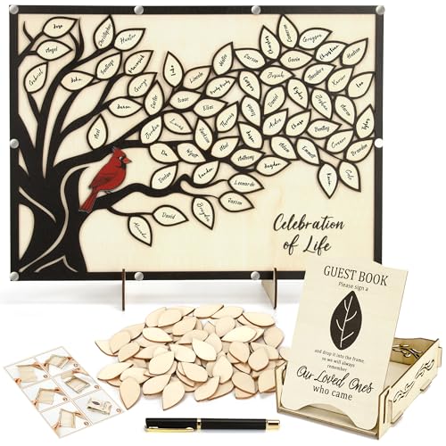Celebration of Life Guest Book Alternative with Robin, Wooden Tree Memorial Signing Board with 70 Leaves, Large Funeral Guest Book Keepsake for Memorial Service & Sympathy Gift