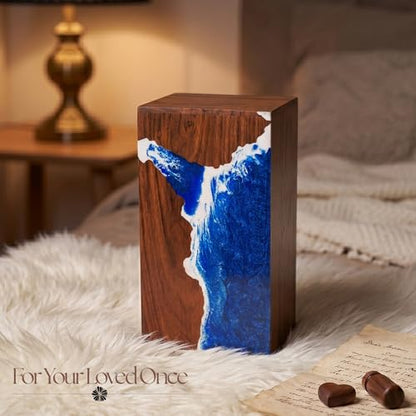 Handcrafted Rosewood Wooden Urn for Human or Pet Ashes – 11"x6"x6" Large Cremation Urn with Blue Resin Ocean Wave Inlay – Memorial Funeral Box for Adults up to 250 lbs - size: Large 250 cubic inches