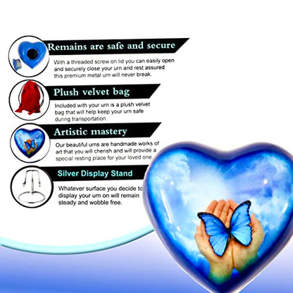 Blue Butterfly Small Love Heart Urn for Human Ashes Remains - Funeral Gift Set of Mini Heart Urn - Display Stand - Velvet Carry Bag - A Paper Funnel - Magnetic Closure Gift Box - color: Blue Butterfly in Hand-heart