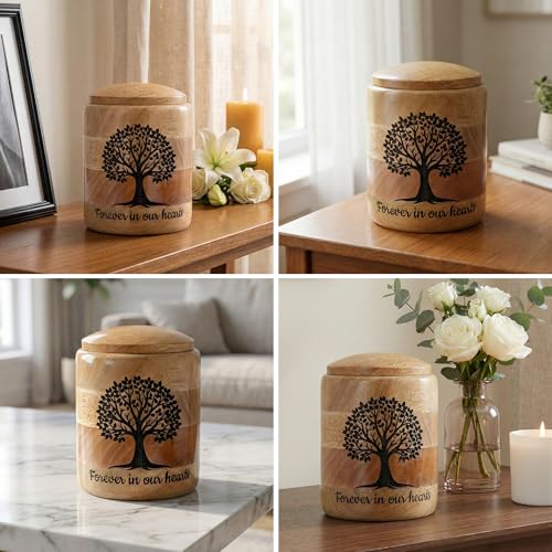 Medium Wooden Cremation Urn for Human Ashes – 80 Cubic Inch Tree of Life Engraved Memorial Urn, Natural Wood, Partial Ashes or Shared Remains - size: Medium 80 Cu In