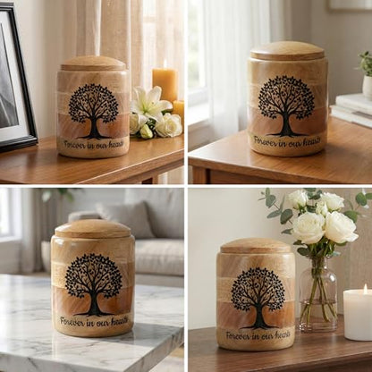 Medium Wooden Cremation Urn for Human Ashes – 80 Cubic Inch Tree of Life Engraved Memorial Urn, Natural Wood, Partial Ashes or Shared Remains - size: Medium 80 Cu In
