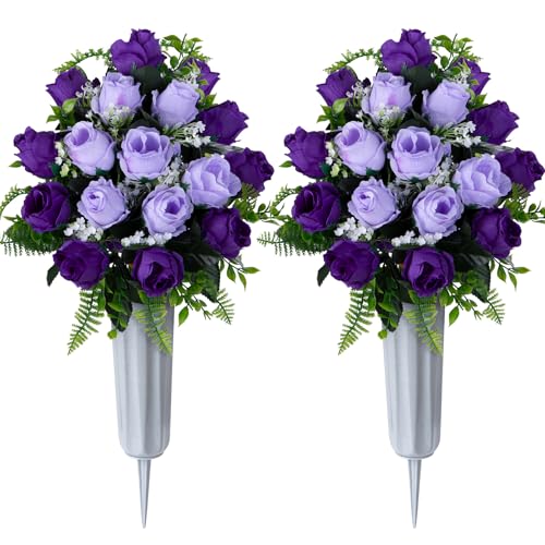 Set of 2 Artificial Cemetery Flowers with Vase, Artificial Grave Flowers Outdoor Memorial Rose Bouquets for Cemetery Headstone Graveyard Decor (Purple) - color: Purple