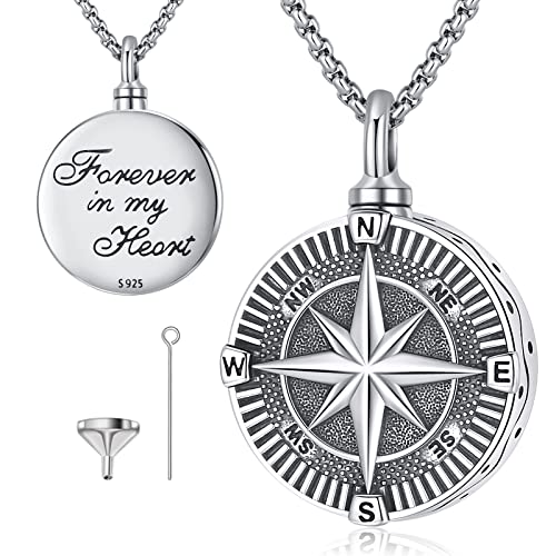 Compass Necklace for Women Men 925 Sterling Silver Pendant Urn Necklaces for Ashes Picture Locket Necklace Anchor Necklace Viking Necklace Crystals CZ Moonstone Abalone Shell Turquoise Compass Jewelry - color: T-L-Compass Urn Necklace, style: Urn Necklace