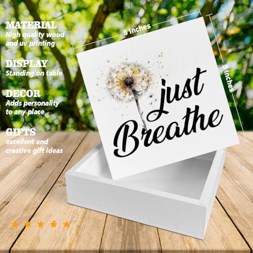 Inspirational Quote Desk Wooden Sign Decor Just Breathe Square Wood Sign | Desk Decoration Positive Dandelion Quotes Wood Block Box for Shelf Home 5 x 5 Inches
