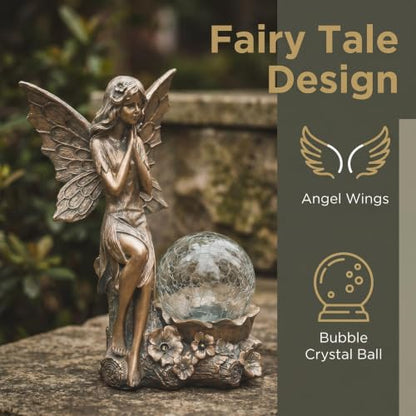 Solar Fairy Garden Statue with Crackled Glass Globe Light - color: Bronze Bronze Fairy