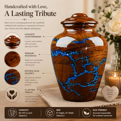 Handcrafted Rosewood Cremation Urn for Human Ashes – 50 Cubic Inches Funeral Memorial Urn for Adult Women & Men, Elegant Wooden Memorial Ashes Urn with Blue Resin Inlay, Funeral Urn for Loved Ones - size: STANDARD 50 Cu inch
