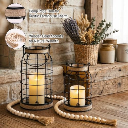 Rustic Farmhouse Candle Lantern, 2Pcs Decorative Lantern Decor with Candles | Set of 2 rustic farmhouse lantern set with candles and wood bead accents for fireplace, porch, patio and tabletop decor