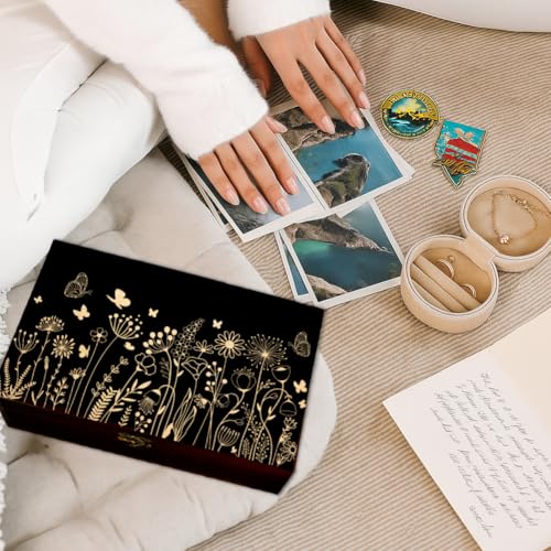 arricraft 1 Pc Wooden Memory Keepsake Box, Wildflower Cluster Butterflies Engraved Pattern Rectangle Pine Tarot Box for Anniversary Jewelry Board Storage (9.45x5.51x3.54 Inch)