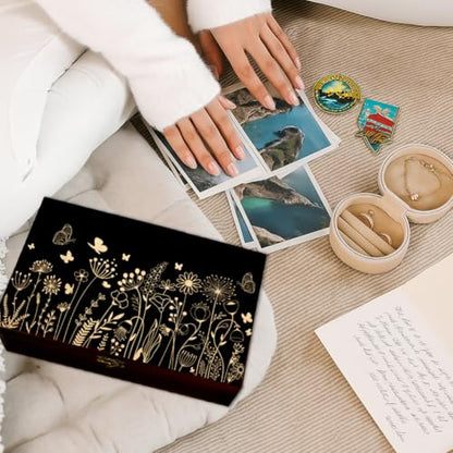 arricraft 1 Pc Wooden Memory Keepsake Box, Wildflower Cluster Butterflies Engraved Pattern Rectangle Pine Tarot Box for Anniversary Jewelry Board Storage (9.45x5.51x3.54 Inch)