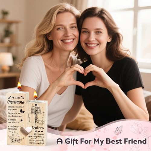 Zainpe Spanish Sister Best Friend Bestie Candle Holders Regalo para Amiga, A mi Hermana Wooden Heart Double Printing Candlestick Personalized Friendship for Mum Women Girl Soul - color: Bestie Embrace