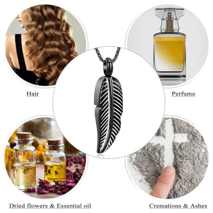 Oinsi Stainless Steel Feather Urn Necklace Hold Cremation Ashes Keepsake Memorial Jewelry +Box+Fill Kits - color: Black