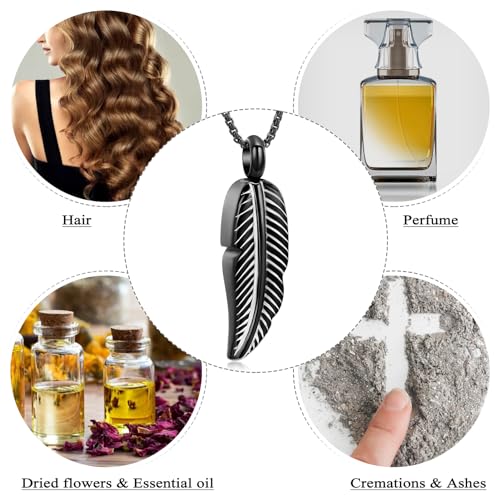 Oinsi Stainless Steel Feather Urn Necklace Hold Cremation Ashes Keepsake Memorial Jewelry +Box+Fill Kits - color: Black