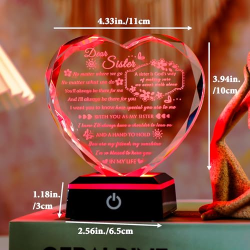 YWHL Sister Birthday Gifts from Sister Brother to My Sisters Crystal Heart Keepsake with Colorful Light Base Soul Sister Gifts for Women for Christmas Mother's Day - color: Sister Gifts