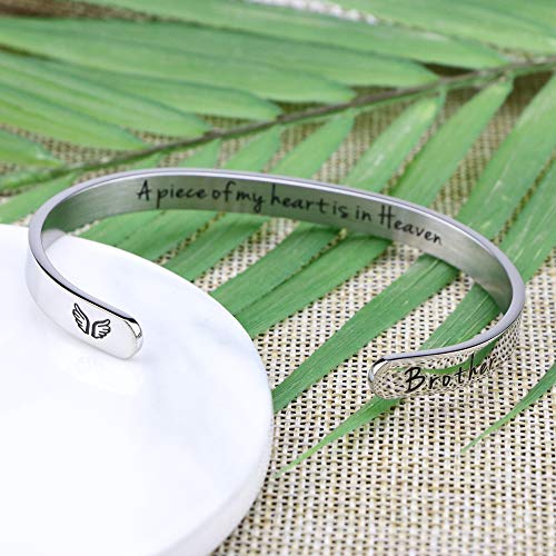 Memorial Gifts for Loss of Mom Dad In Memory of Jewelry Sympathy Bracelet | Bereavement Cuff Secret Message Engraved Grief Gifts for Women - style: Brother Memorial-A piece of my heart is in heaven