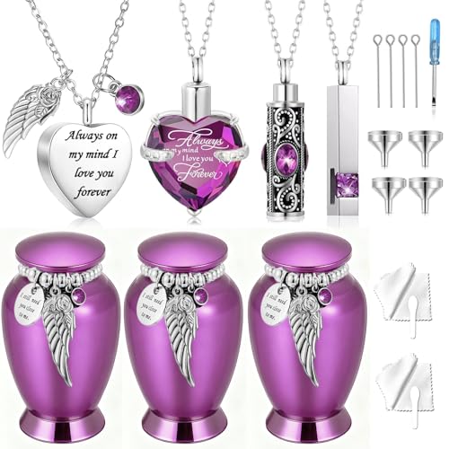 7Pcs Heart Urn Necklace for Ashes Keepsake Cremation Jewelry Small Urns for Human Ashes Memorial Cremation Urns for Loss of Loved One Memorial Container - color: Purple