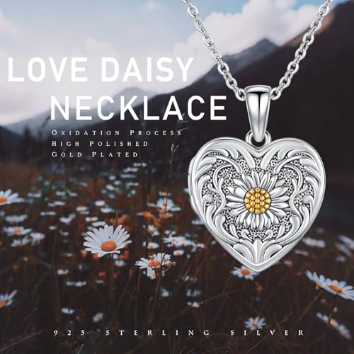MEDWISE 925 Sterling Silver Locket Necklace That Holds Pictures Photo Necklace Oxidized Rose Flower/Sunflower/Compass/Celtic Heart Pendnat Lockets Gifts for Women Birthday Christmas Gifts - style: H-Custom Daisy