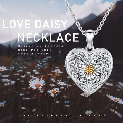 MEDWISE 925 Sterling Silver Locket Necklace That Holds Pictures Photo Necklace Oxidized Rose Flower/Sunflower/Compass/Celtic Heart Pendnat Lockets Gifts for Women Birthday Christmas Gifts - style: H-Custom Daisy