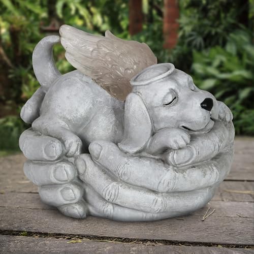 Exhart Dog Statue, Solar Cradled Pet Memorial Garden Sculpture, LED Light Angel Wings, Outdoor Garden Decoration, 8 x 5 Inch