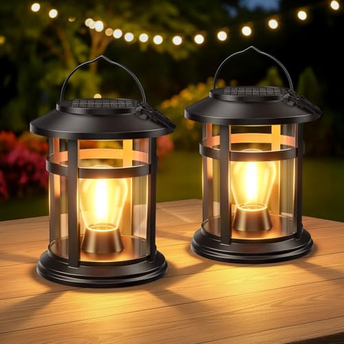 Solar Lantern Outdoor Waterproof, 2 Pack Bright Hanging Solar Lights for Outside Decorative, Upgraded Solar Powered Lanterns LED Lighting for Garden Patio Porch Decor Gifts (Warm Light) - size: 2 Pack, style: Classic Black