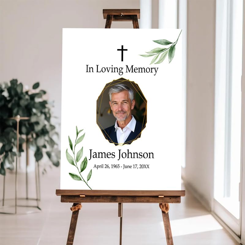 Custom "In Loving Memory" Sign with Cross & Greenery - Personalized Funeral Photo Board | Optional Guest Book Alternative - color: Design 2