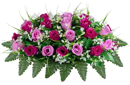 MOOMASS Artificial Cemetery Flowers Saddle, Purple Pink Roses, Outdoor Grave Decorations with Non-Bleed Colors - color: Purple Pink Saddle