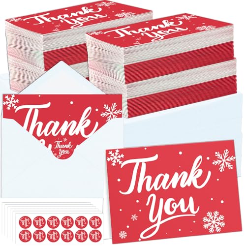 300 Pack Christmas Thank You Cards with Envelopes and Matching Stickers, 4.5x5.55 Inches Greeting Cards, Red Snowflake Thank you Cards for Xmas Wedding Graduation Business and Baby Shower - color: Red