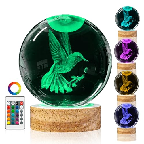 3D Hummingbird Crystal Ball Night Light with Remote Upgraded 3.15 In Hummingbird Figurine Glass Ball Lamp with 16 Color Wooden LED Base Cute Hummingbird Home Decor Gifts for Kids Teens Women - color: Hummingbird