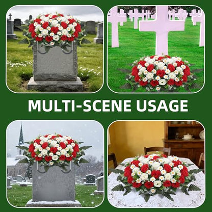 Wocst Headstone Flower Saddle,Large Artificial Cemetery Flowers for Grave Artificial Roses Daisy Saddle for Cemetery Headstone (Red) - color: Red