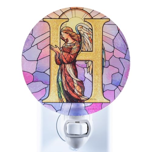 Angel Monogram Night Light – Stained Glass Styled Plug-in Wall Lamp, Victorian Inspired Letter H Design with Manual Switch & Bulb Included – Bedroom, Hallway, Nursery Gift NLA-C011 - color: H