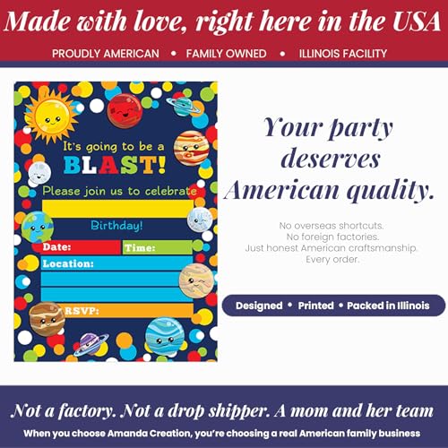 Space Invites Happy Planets– Outer Space Birthday Invitations for Kids, 20 5x7 Fill In Cards with Twenty White Envelopes for Your Outer Space Birthday by AmandaCreation - style: Planets