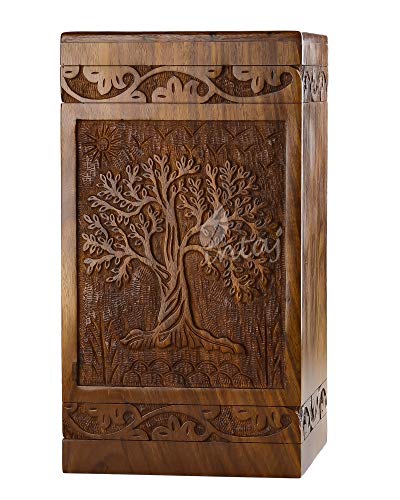 Tree of Life Wooden Urn for Human Ashes, Medium 115 cu in, Rosewood | Cremation urn for a smaller adult, a child or a large dog. Solid sheesham, not Mdf or veneer, locking base. - color: Rosewood Tree of Life, size: Medium (115 lbs)