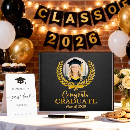 Lanpn Graduation Guest Book Class of 2026 with Pen & Table Sign, Leather Graduation Guest Sign in Books, Graduates Signature Book, Keepsake Memory Books for College High School Grad Party, Black