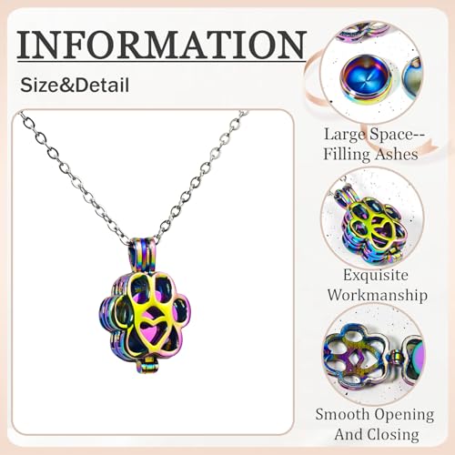 Paw Print Heart Pet Ashes Memorial Necklace with Mini Inner Box-Rainbow | Pet Cremation Jewelry for Ashes, Cremation Urn Jewelry to Hold Dog & Cat Ashes Pendant with Box Filling Tools - color: Rainbow