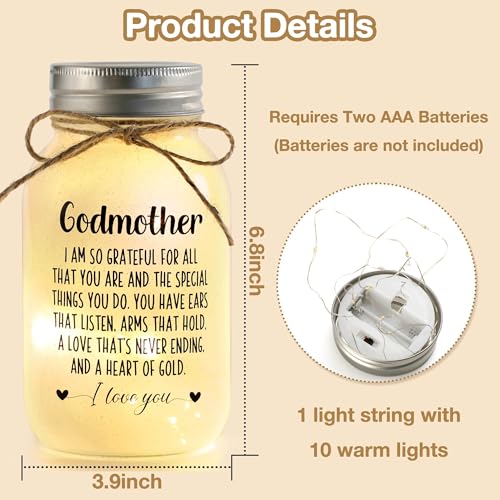Maracco Godmother Gifts from Godchild, Proposal Godmother Birthday Gift, Mason Jar with 10 Warm Lights, Best Gifts for Godparents, Mason Jar Lights for God Mommy (30oz) - color: Godmother