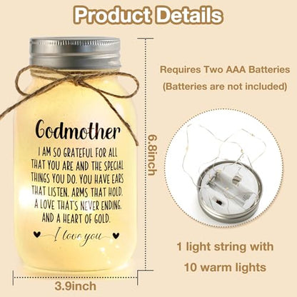 Maracco Godmother Gifts from Godchild, Proposal Godmother Birthday Gift, Mason Jar with 10 Warm Lights, Best Gifts for Godparents, Mason Jar Lights for God Mommy (30oz) - color: Godmother